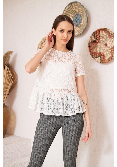 Darlin Moda Beyaz Dantelli Yakası Boncuk Detaylı Astarsız Bluz DM10331 Beyaz