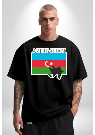 Azerbeycan Bayrak Ülke Pamuklu Bisiklet Yaka Unisex Oversize Boyfriend Dijital Baskılı Siyah T-shirt Siyah