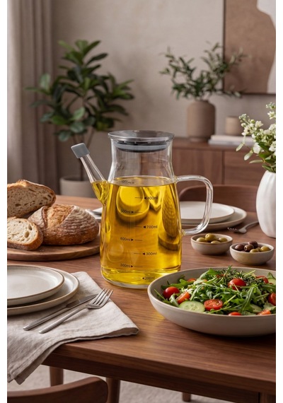 Makri Home 1000 Ml Cam Yağlık Sirkelik Sürahi, 22 Cm Yükseklik, 10 Cm Çap, Paslanmaz Çelik Kapaklı Şeffaf