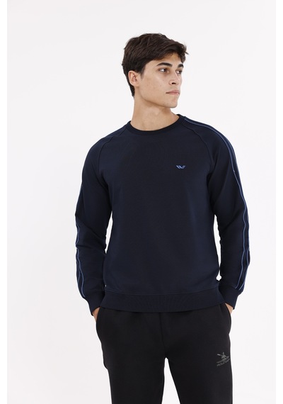 Rowinger Çift Şeritli Raglan Kol Minimal Logolu Bisiklet Yaka Sweatshirt Navyblue