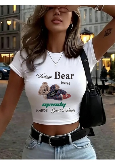 Tarzsokak Güzel Ayı Karikatür Baskılar Bayan Kırpma Üstleri Yaz Yüksek Elastik Yumuşak Tişörtler Dar Ke Beyaz