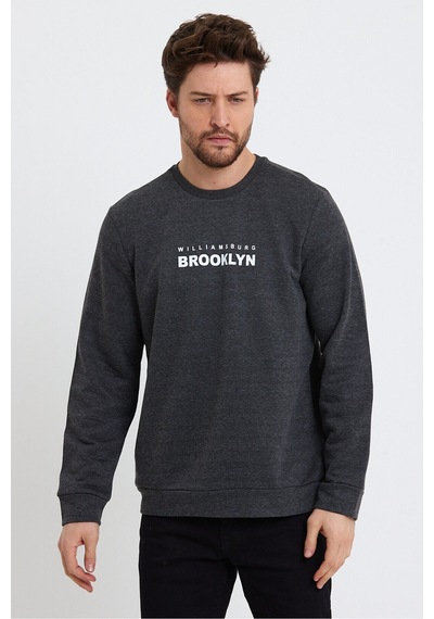 Süperlife Erkek Bisiklet Yaka Regular Fit Brooklyn Baskılı İnce Sweatshirt Spr23sw330 Antrasit
