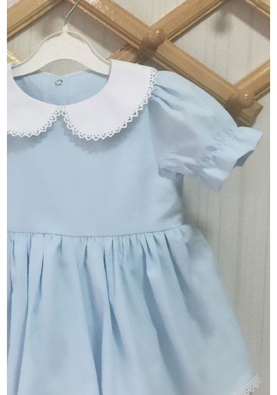 Bebe Yaka Dantel Detaylı Poplin Kız Çocuk Bebek Bebe Mavi Beyaz Elbise 001