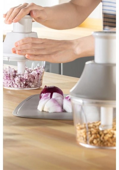 Flosoft Paslanmaz Çelik Bıçak Manuel Doğrayıcı Rondo, 3 Bıçaklı Üstten Basmalı El Robotu 700 Ml Bej