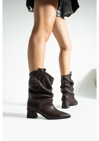 Duxal Shoes Kai Western Tarzı Büzgülü Detaylı Topuklu Çizme Bot Acıkahve