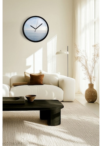 Deniz Manzaralı Modern Duvar Saati - 25cm - Önü Camlı Siyah Kasa - Sessiz Mekanizma-jh0642 Siyah