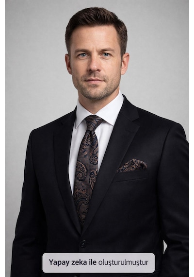 Gaffy Kahverengi Şal Desenli Lacivert Dokuma Kumaş Mendilli Slim Fit Kravat // Sdk-2606-2 Lacivert