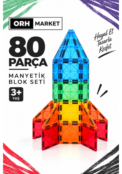 80 Parça 7.5 Cm Büyük Boy Manyetik Blok Seti Güçlü Mıknatıslı Zeka Geliştirici Eğitici Oyuncak