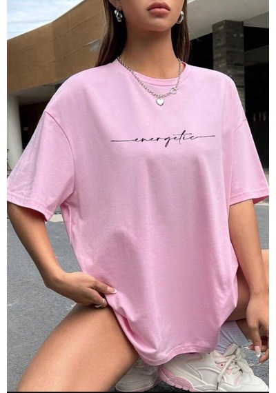 Energetic Ön Baskılı Bisiklet Yaka Kadın Oversize Tshirt Pembe