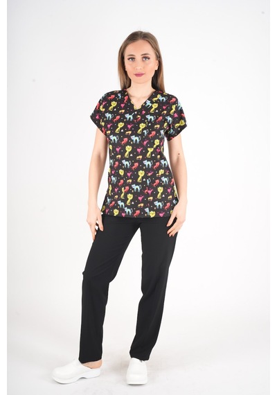 Unisex Cool Cats Club Desenli Doktor Hemşire Hastane Aşçı Mutfak Scrubs Üniforma Takım Siyah