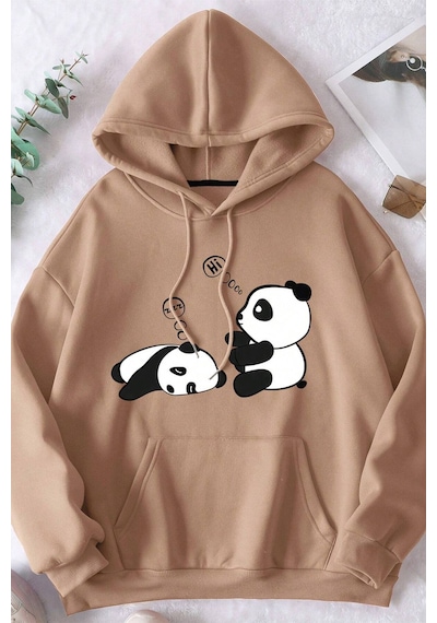 Unisex Panda Baskılı Oversize Sweatshirt Bej