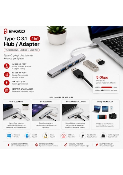 Type-c 3.1 Giriş 4ın1 Usb Çoğaltıcı 4 Anahtarlı Port - Hı-speed Usb 3.0 - Usb 2.0 Hub Adaptör Ekd-tp50