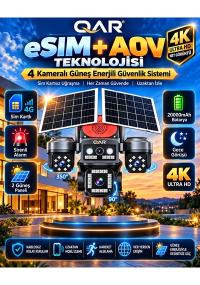 4 Lensli Güneş Enerjili Akıllı Güvenlik Kamerası 4g Sım Kartlı Yapay Zeka Destekli Uzaktan İzleme Dış Mekan Kamerası 24 Saat Kayıt
