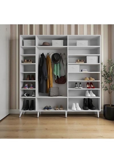 Alara Tamamı Mdf Aynalı Portmanto Vestiyer Ayakkabılık Beyaz 175 Cm - M12