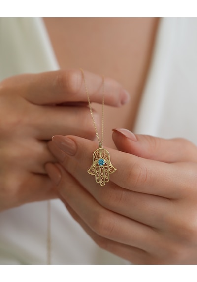 Debora Jewelry 14 Ayar Altın Mavi Zirkon Taşlı Fatma Ana Eli Kolye