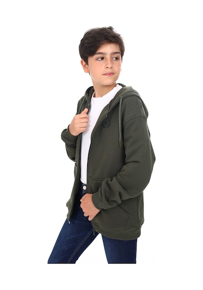 Toontoy Kids Toontoy Erkek Çocuk Kapüşonlu Fermuarlı Cepli Düşük Omuz Baskılı Örme Hırka - 3 İplik Şardonsuz Haki