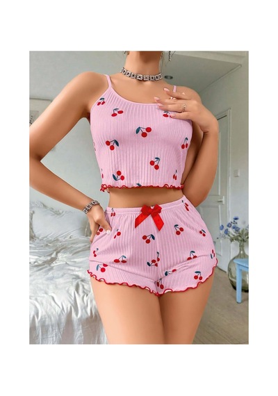Ruselin Kadın Kiraz Desenli Askılı Şortlu Pijama Takım-pembe-l/xl - 9027466738125