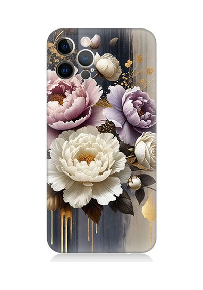 Apple Uyumlu iPhone 12 Pro Max Altın Gölge Peony Büyüsü Desenli Silikon Kılıf Çok Renkli