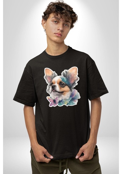 Chihuahua Köpek Pamuklu Bisiklet Yaka Unisex Oversize Boyfriend Dijital Baskılı Siyah T-shirt Siyah