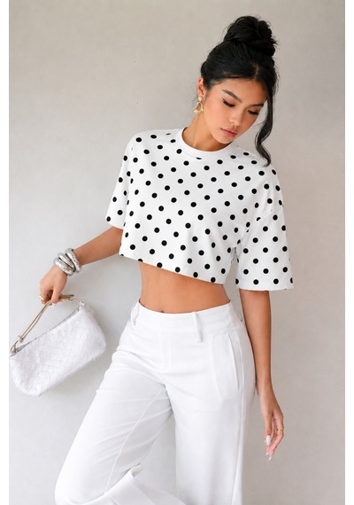 Hımmelduf Kadın Puantiye Desenli Crop Tişört Basic Oversize Yazlık Bluz Beyaz