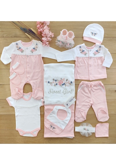 Sitilin Kız Bebek Pembe 10'lu Hastane Çıkışı Natural İşlemeli Set Stl4663 Ekru