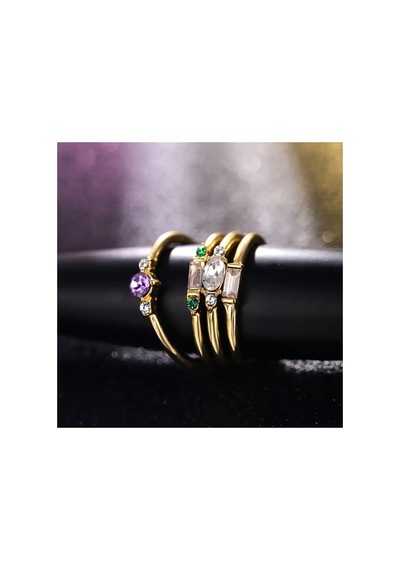 Azela Gold 4 Adet Kristal Yeşil Taşlı Tasarım Vintage Çoklu Altın Yüzük Seti