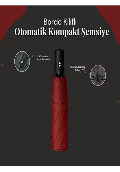 Bordo Kılıflı Otomatik Kompakt Şemsiyee Bordo