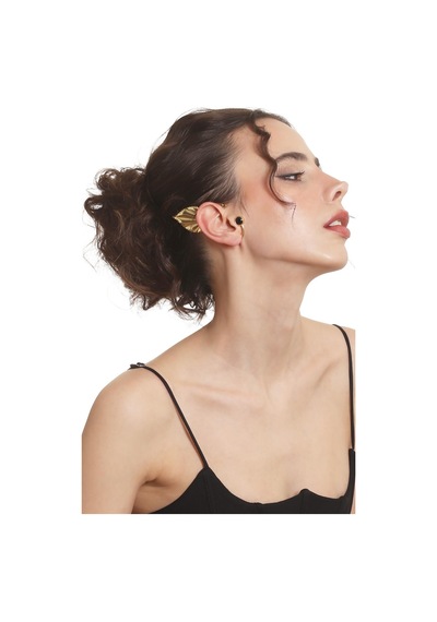 Kadın Altın Renk Lak Kaplama Taşlı Yaprak Stilizesi Sağ Kulak Earcuff & Kıkırdak Küpe Çok Renkli
