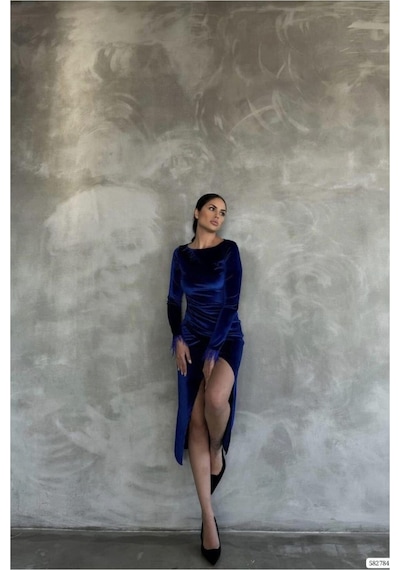 DefyModa Kadın Esnek Kadife Kumaş Degaje Yaka Yırtmaçlı Abiye Elbise Saks