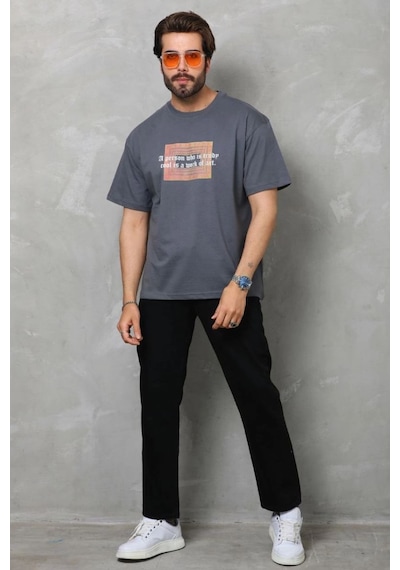 Erkek Baskılı T-shirt Kısa Kol Bisiklet Yaka Regular Fit Rahat Kalıp Tişört - Füme