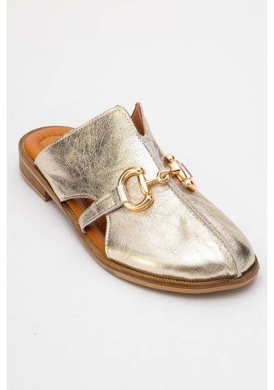 Luvishoes Favor Altın Metalik Hakiki Deri Tokalı Önü Kapalı Kadın Terlik Altın