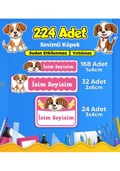 Sevimli Köpek Temalı Okul Kreş Kişiye Özel İsim Etiket Seti - Model 395 Çok Renkli
