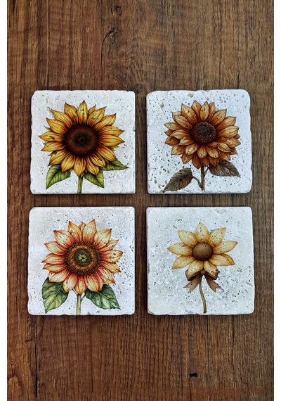 Doğal Taş Bardak Altlığı - Sarı Çiçekler Temalı 10x10cm Stone Coasters Çok Renkli