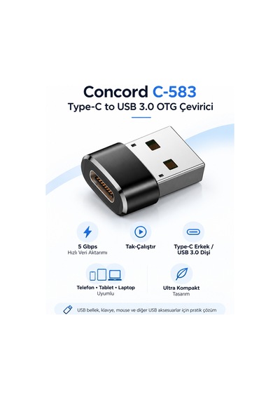 Concord C-583 Type-c To Usb 3.0 Otg Çevirici Adaptör Telefon Tablet Pc Uyumlu Siyah Veri Aktarım Dönüştürücü