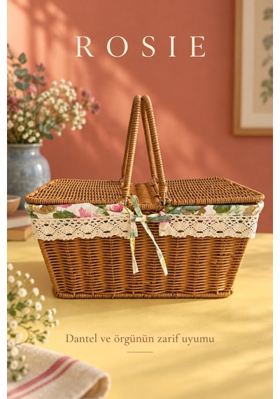 Rosıe Çiçek Desen Kumaşlı Dikdörtgen Piknik Sepeti 38 Cm Karışık