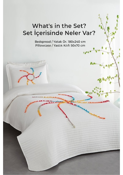 Rise Renkli Ponponlu %100 Pamuk Tek Kişilik Yatak Örtüsü Elyaf Dolgulu Pike Takımı Krem Krem