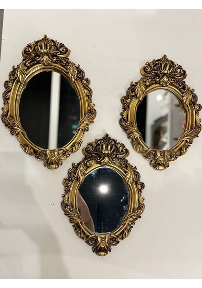 Dekoratif Polyester Üçlü Yaprak Ayna Takımı Gold Eskitme
