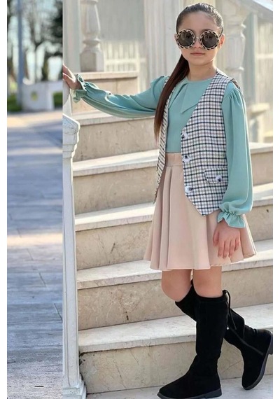 Riccotarz Kız Çocuk Bebe Yaka Bilekler Lastikli Yeşil Kazak Ekose Detay Cepken Ve Penye Etekli Takım Yeşil Riccotarz Kız Çocuk Bebe Yaka Bilekler Lastikli Yeşil Kazak Ekose Detay Cepken Ve Penye Etekli Takım Yeşil