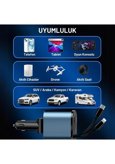 Embatech 66w Dahili Çekilebilir Kablolu Type-c + Lightning Hızlı Araç Çakmaklık Şarj Aleti