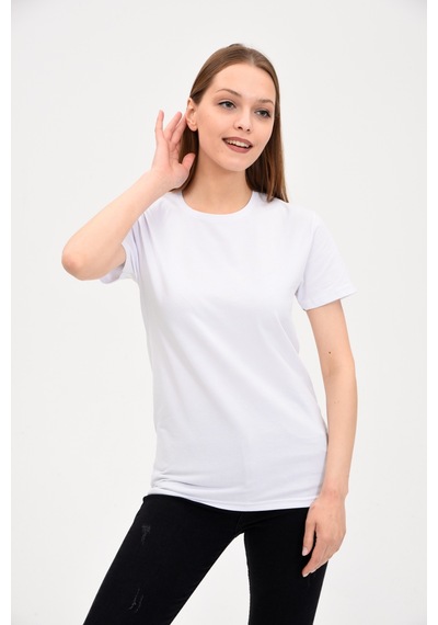 Kadın Bisiklet Yaka Basic T-Shirt Beyaz