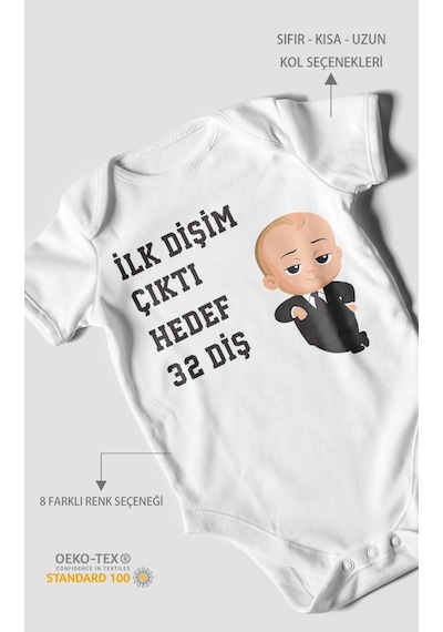 Morivokids İlk Dişim Çıktı Hedef 32 Diş Kısa Kollu Bebek Body Beyaz