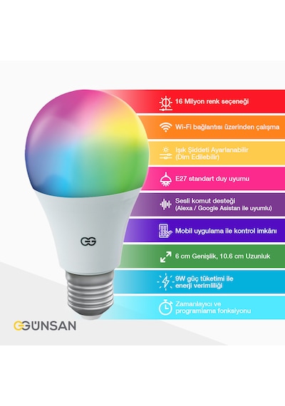 Günsan Akıllı Wifi Led Ampul Rgb Çok Renkli Tuya Ve Smart Life Uygulama Destekli 9w 2700k-6500k Ayarlanabilir Rgb - Ayarlanabilir Renk Sıcaklığı Ve Parlaklık Günsan Akıllı Wifi Led Ampul Rgb Çok Renkli Tuya Ve Smart Life Uygulama Destekli 9w 2700k-6500k Ayarlanabilir Rgb - Ayarlanabilir Renk Sıcaklığı Ve Parlaklık