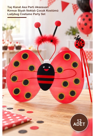 12 Adet Uğur Böceği Kostüm Seti Taç Kanat Asa Parti Aksesuarı Kırmızı Siyah Noktalı Çocuk Kostümü Ladybug Costume Party Set "