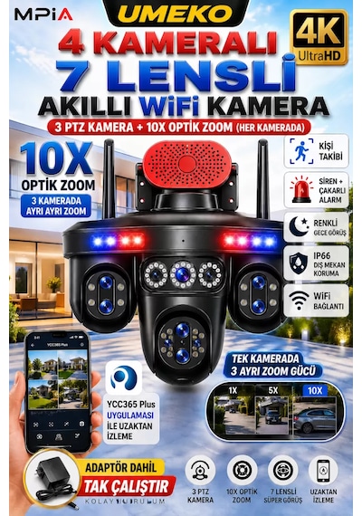 Mpıa Umeko 4 Kameralı 7 Lensli Wifi Kamera 3 Ptz 10x Optik Zoom Ip66 Gece Görüş
