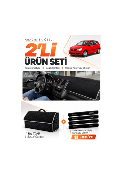 Volkswagen Polo Dürbün 2001-2009 Uyumlu Torpido Örtüsü + Tay Tüyü Bagaj Çantası Seti - Siyah Gri