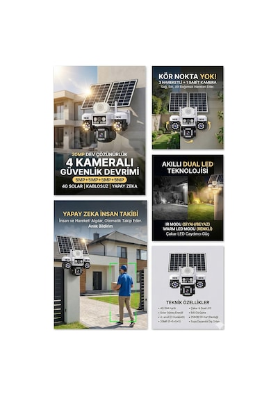 3 Otomatik 20mp 4 Kamera Solar 4g Güneş Enerjili Güvenlik Kamerası 128gb Sd Kart Ve 20gb İnternet