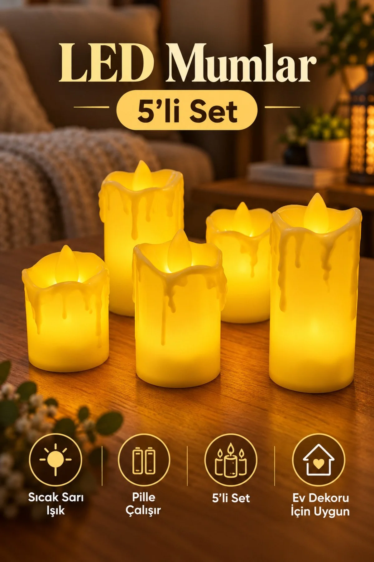 Erkugo 5 Li Led Mum Seti Pilli Altın Eriyen Mum Görünümlü Sıcak Sarı Alev Efektli Dekoratif Mum