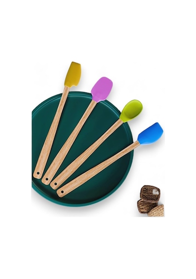 Deconox 4 Adet 4 Renk Ahşap Saplı Pastel Renkli Isıya Dayanıklı Silikon Spatula Seti Mutfak Seti Renkli Kaşık Spa Diğer