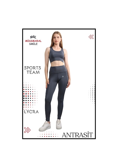 Missmaral Kadın Alt Üst Takım Fitness Pilates Koşu Spor Slm Fit Tayt Çift Cep Yüksek Bel Likralı Antrasit 3065 Antrasit