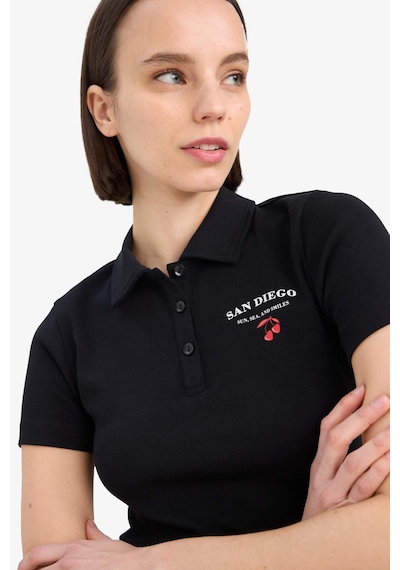 DeFacto Coool Fitted Polo Yaka Baskılı Ribana Kısa Kollu Siyah Tişört D1095AX25SMBK81
